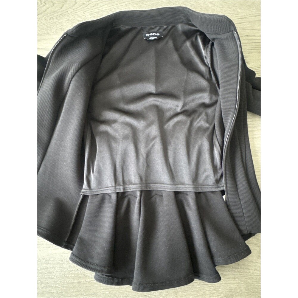Vintage Bebe Structured Black Zip Front Peplum Jacket Puff Sleeve XS - Picture 9 of 10